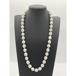 Vintage White Beaded Necklace Gold Tone Accents Long Round Clasp Elegant Design